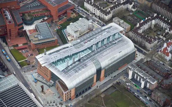 An aerial shot of the Francis Crick building.
