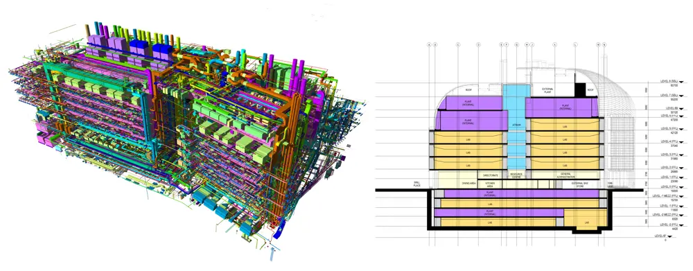Three-dimensional building model generated by a computer (left). A computer-generated cross section of the building (right).