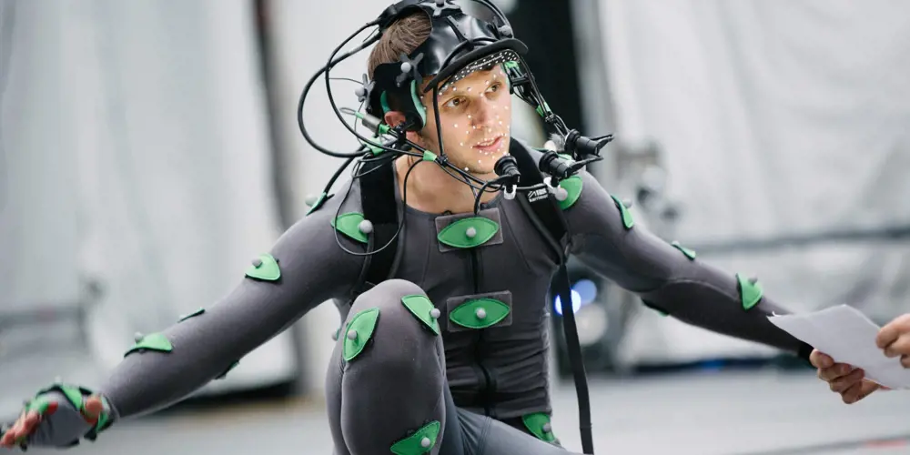 A male actor wearing a motion capture suit. 