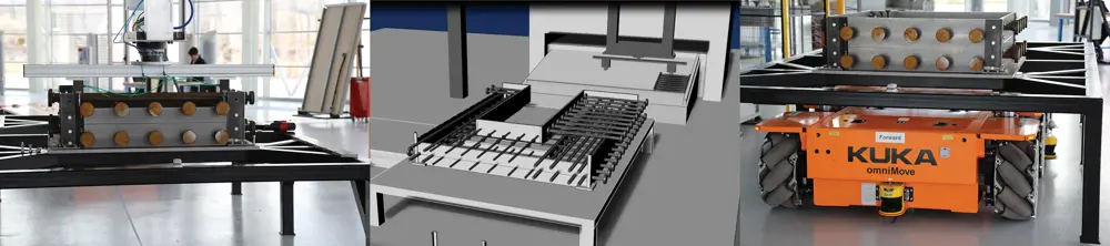A computer generated model of the robotic reinforcement trial (middle). A robot in a research centre (left and right).