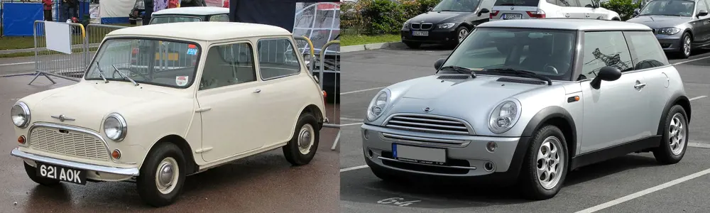 A Morris Mini Minor (left) and an entry-level mini one (right).