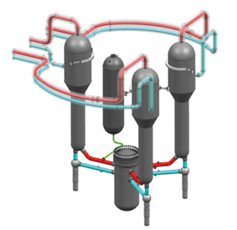 A schematic of coolant being circulated into vertical steam generators and exiting as steam.