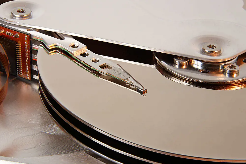 A close-up of a hard disk drive. 