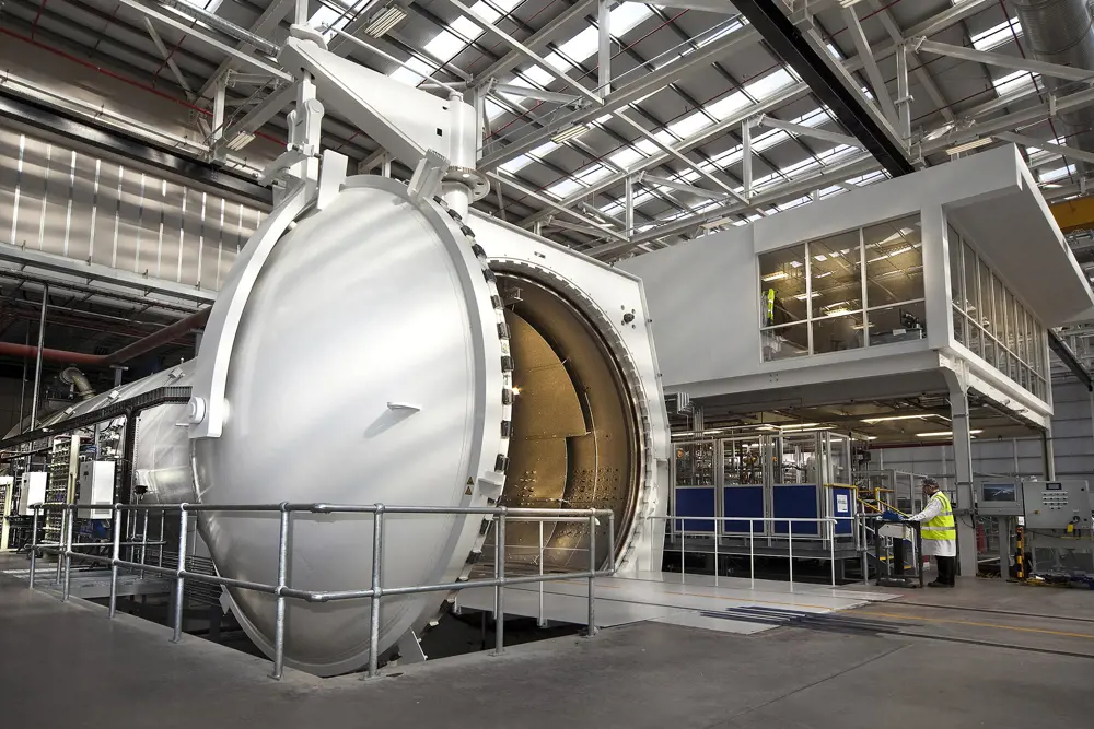 The autoclave area in a factory containing a large hollow mould for the wings.