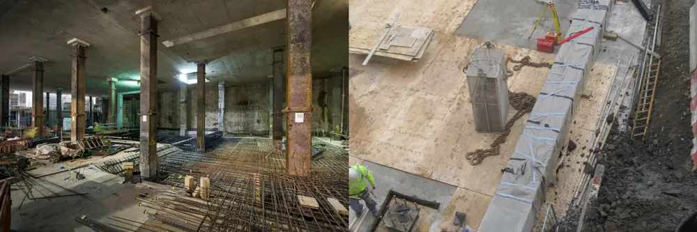 The inside of a building being constructed (left). A steel plunge column laying flat on a construction site (right).