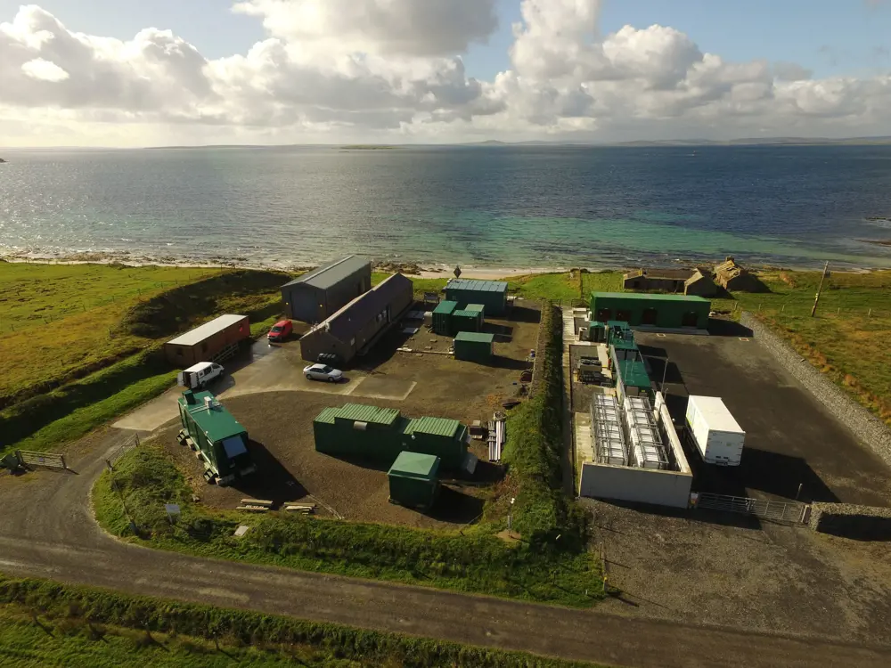 An aerial view of EMEC's hydrogen production and energy storage building on the island of Eday in Orkney.