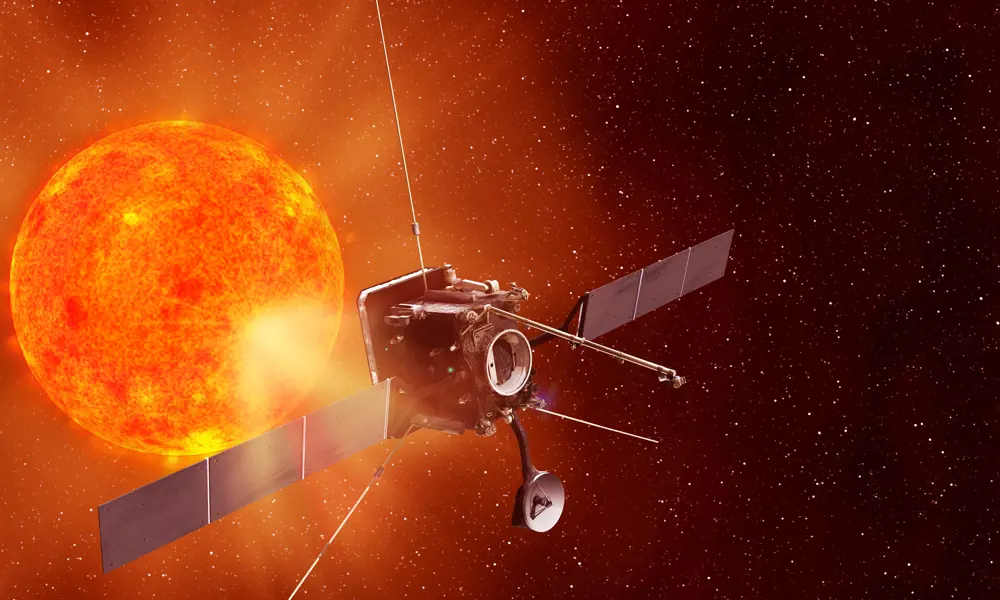 A concept image of a solar orbiter in space, facing the sun. 