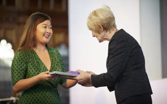 Natalie Cheung is pictured with Dame Nancy Rothwell DBE DL FRS FMedSci, Vice-Chancellor of the University of Manchester, being awarded the Medal for Social Responsibility and Alumni Volunteer of the Year 2019.