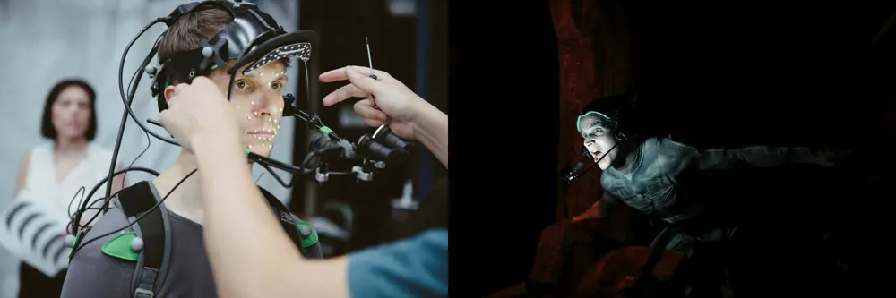 A person adjusting the position of a motion capture suit on a male actor (left). A male actor in a motion capture suit on stage (right). 