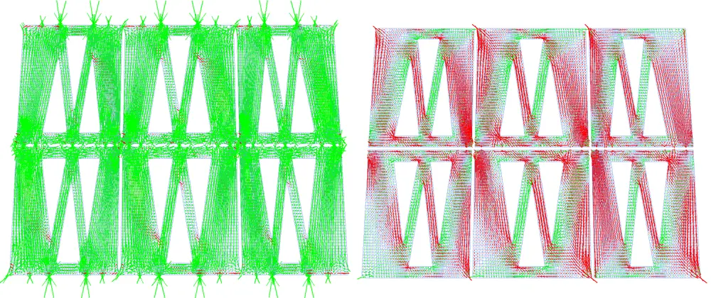 A computer generated stress analysis of a section of the virgin Mary Tower of the Sagrada Familia. The left shows it under compression in a green colour and the right shows in under wind loading with red areas depicting tension.