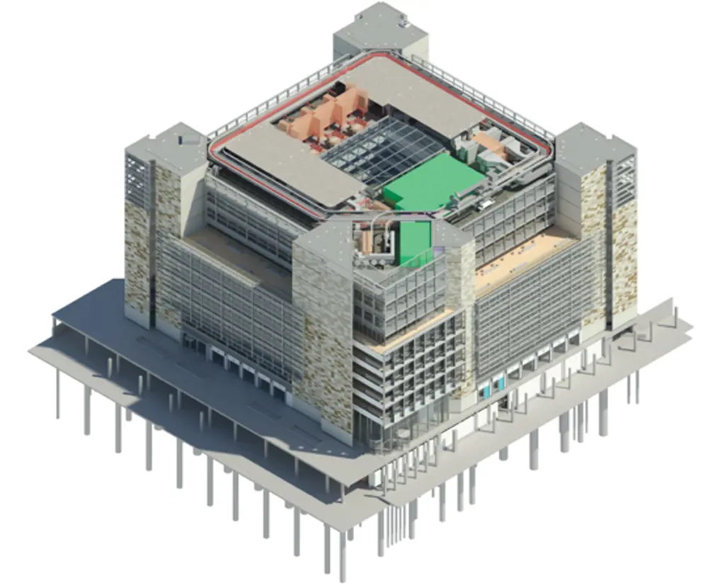 A 3D virtual model of a building viewed from above.