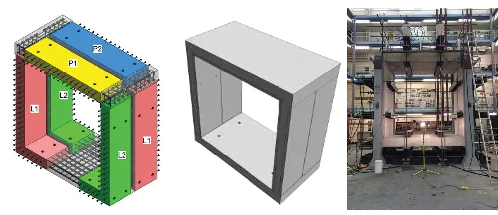 A computer generated image of a precast solution (left). A computer generated image of the cable tunnel from this solution (middle). The constructed precast (right).