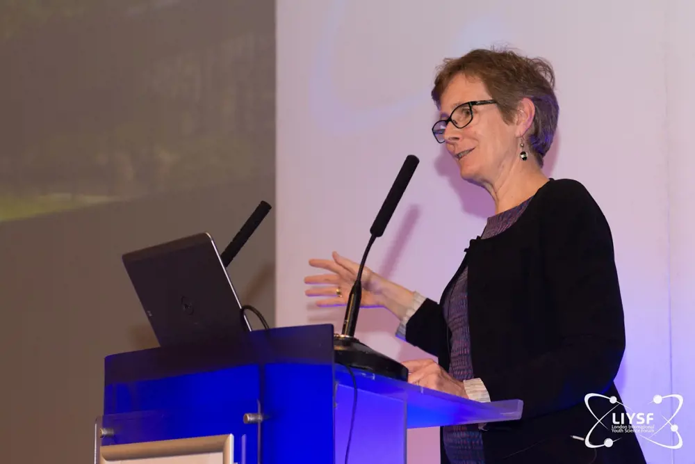 Dervilla Mitchell CBE FREng standing behind a stand, speaking into a microphone.