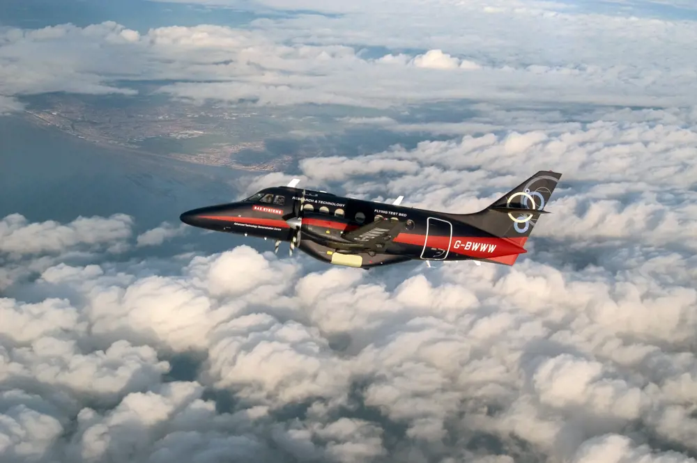 The adapted BAE systems Jetstream airliner flying over Britain.