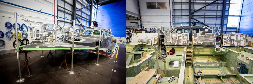 The construction of parts of the Shannon boat inside a factory. 