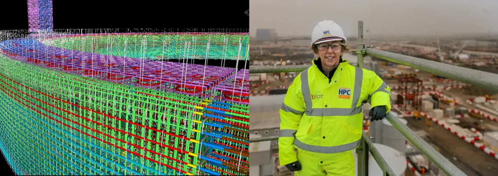 A computer generated model in different colours of the Hickley Point C project (left). Sarah Williamson in construction gear standing in front of railings, above a construction site (right).