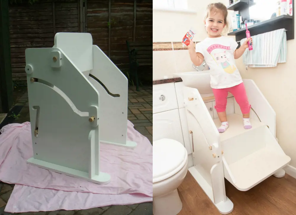 The step platform (left) with Margaux standing on the step platform holding a toothbrush and toothpaste and smiling at the camera (right).