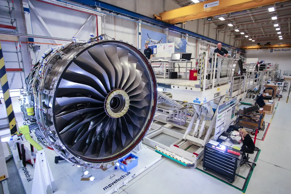 A Rolls-Royce Trent XWB engine in a factory.