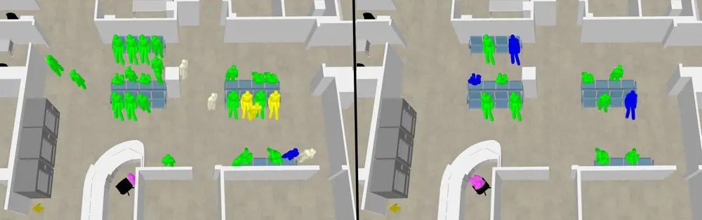 Different coloured model people (green, yellow, blue and white) in a digital emergency room in close proximity (left). The model people in the same digital emergency room social distancing with a space of one chair between each person (right).