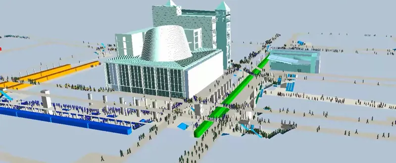A computer-generated model of the Fulton center from the outside, showing trains at the station.