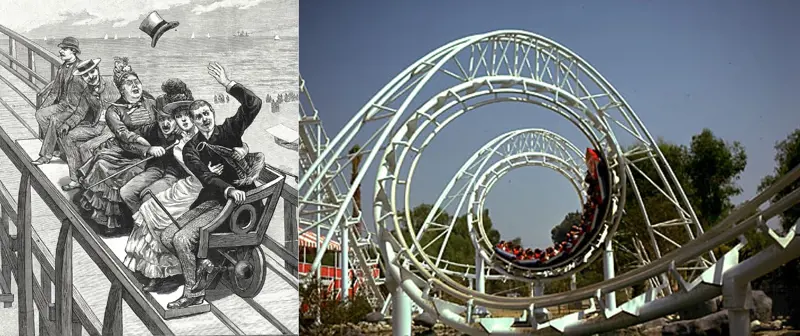 A sketch of people on the Coney Island Switchback Railway (left). People riding the original Corkscrew ride (right).