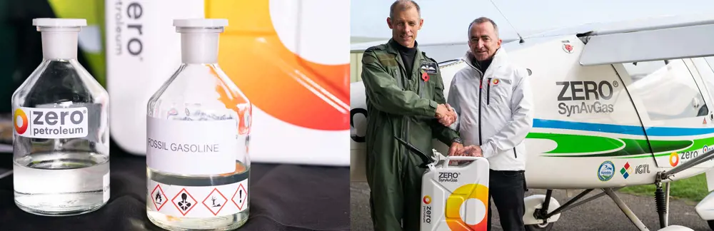 A sealed beaker of liquid that is labelled with Zero petroleum (left) and a photograph of the Zero petroleum plane with the pilot and founder of Zero Petroleum shaking hands (right).