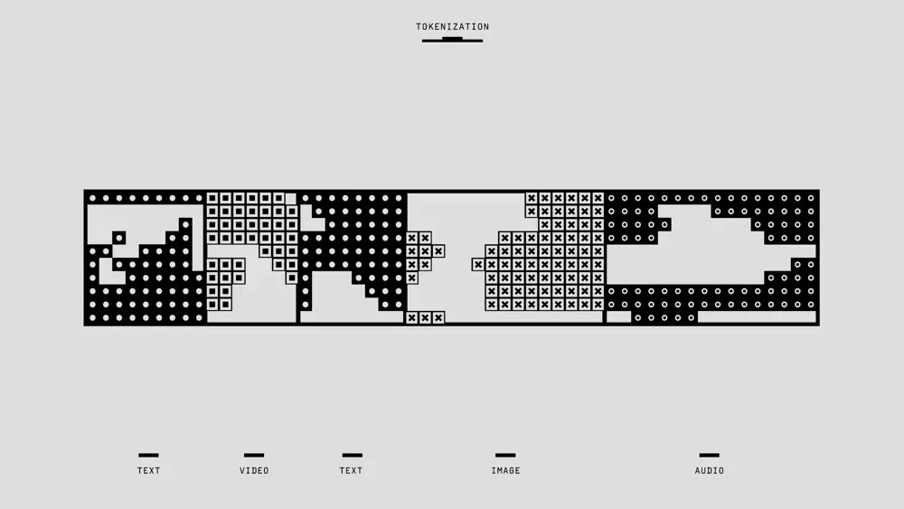 A high-contrast, black and white abstract illustration of small, pixel-like squares containing dots, squares and crossing, which represents multimodal AI.