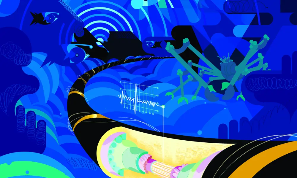 Stylised artist's impression of an undersea cable in the foreground, with a cutaway showing the internal optical fibres, and whales depicted far in the background,