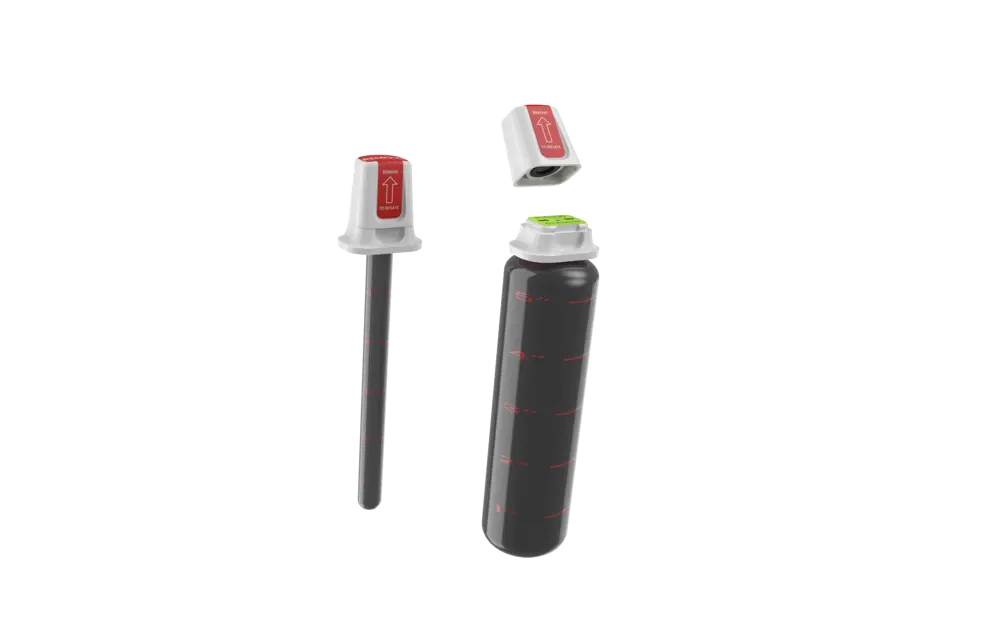 A rendering of ACT Medical's device, shown before activation as a narrow tube attached to a handle, and after activation an expanded tube attached to a handle.