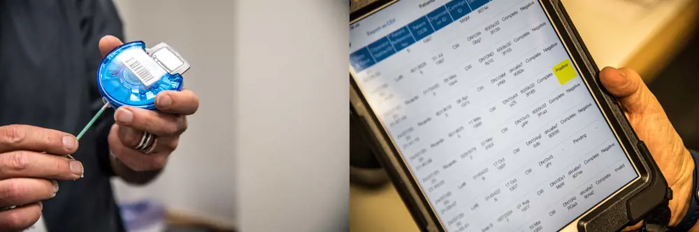 A collage of two images. Left is a swab being inserted into an electronic device, right is an iPad showing data from the test.