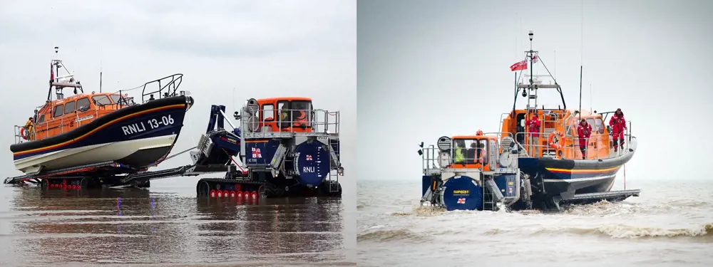 The launch and recovery tractor towing the Shannon boat on wet sand (left). The launch and recovery tractor attached to the Shannon out at sea (right).