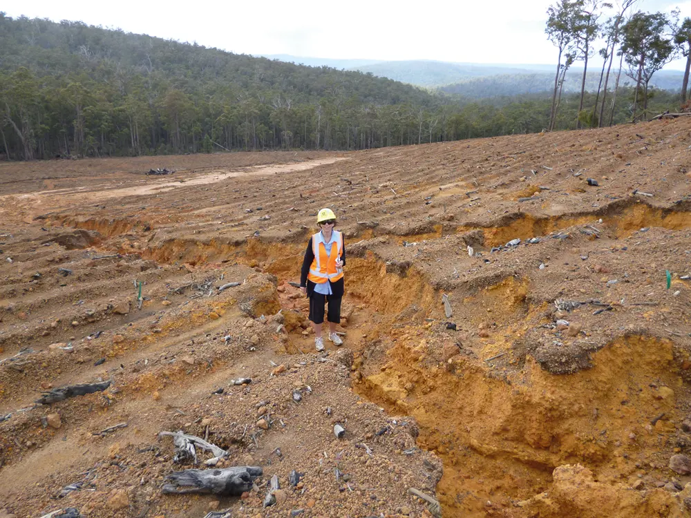 A photograph of a person with a hardhat and vest standing in a crevice in a field created by soil erosion.