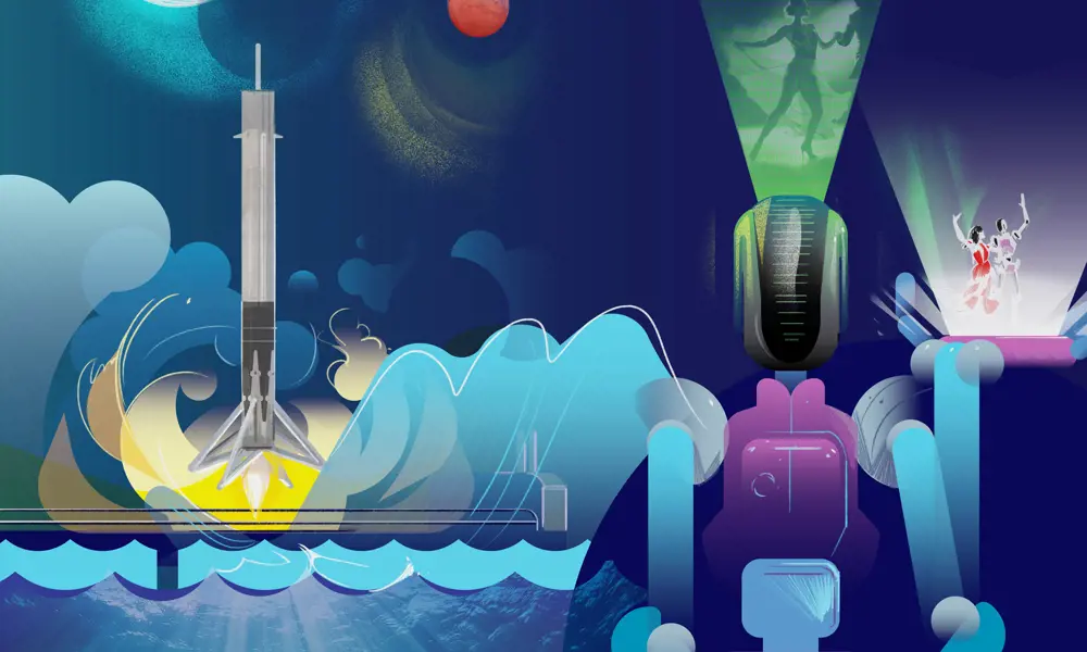 An illustration of a rocket landing on a platform out at sea, next to a robot thinking about how to ballroom dance using generative AI