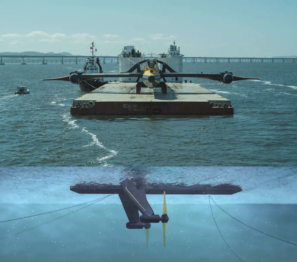 A photograph of the O2 tidal turbine above water (top) and a digital graphic of the turbine underneath the water surface (bottom).