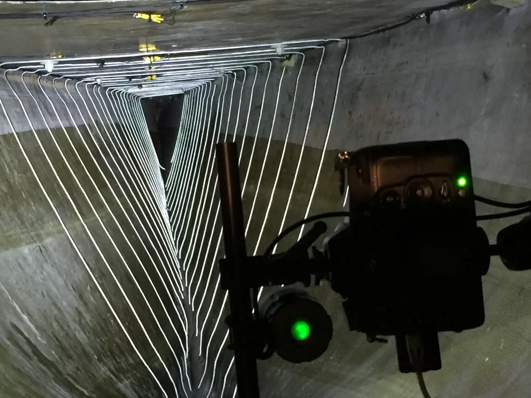 A camera inside a wind turbine blade.