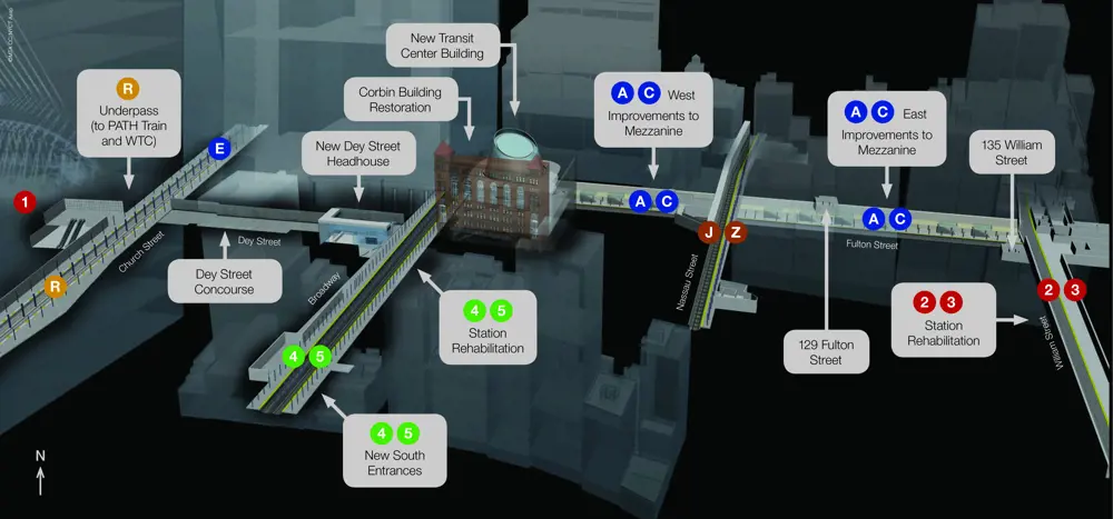A computer generated model of the Fulton Center, showing the connecting subway stations.