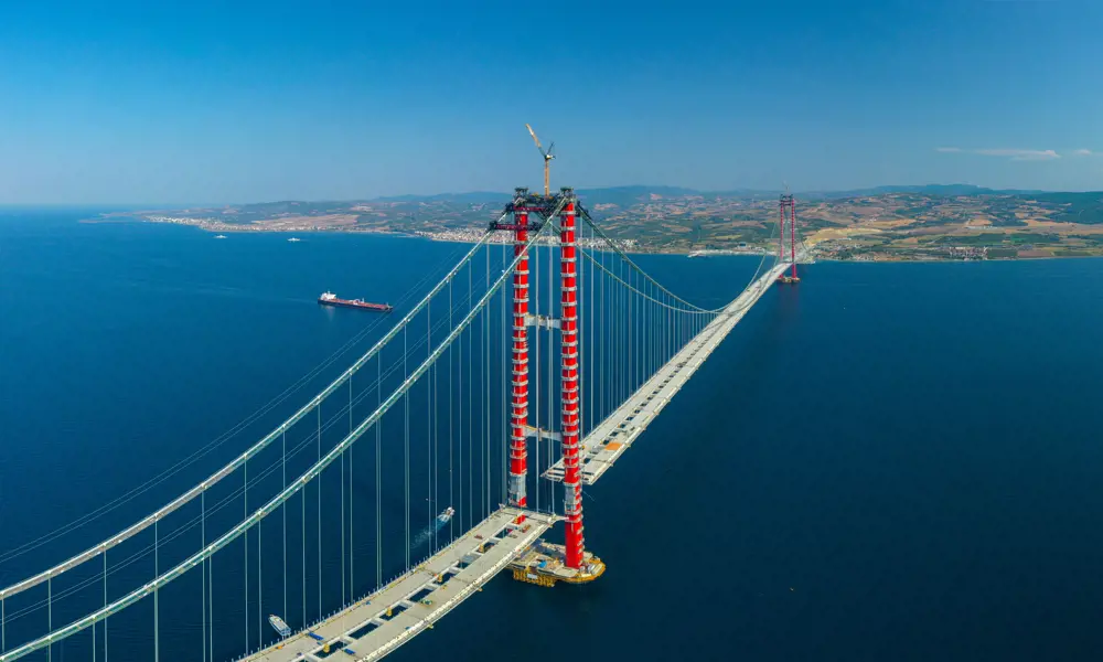 Aerial photo of the Canakkale Bridge on a sunny day, over the Dardanelles Strait in Turkey.