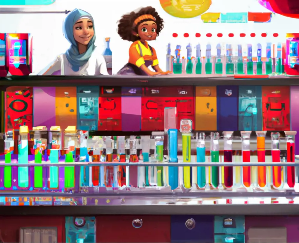 An illustration of two women scientists in a lab with an array of brightly coloured test tubes.