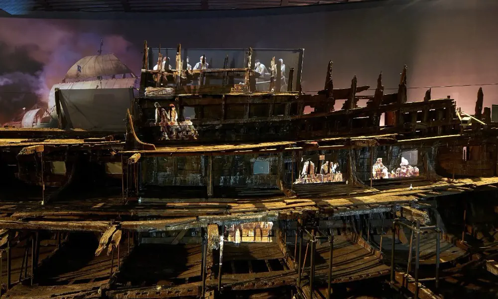 The wooden remains of the Mary Rose ship.