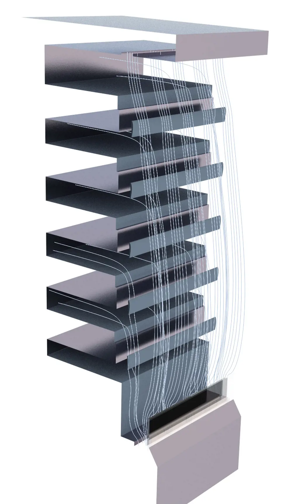 A computer-generated design of an aerofoil on supermarket shelves, showing the flow of cold air forming a curtain so it doesn't escape.