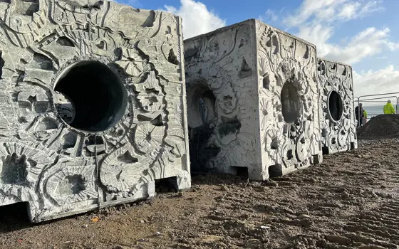 A row of three cube-shaped blocks for artificial reef structures on a beach. They have patterned sides and a hollow passage to help marine life flourish.