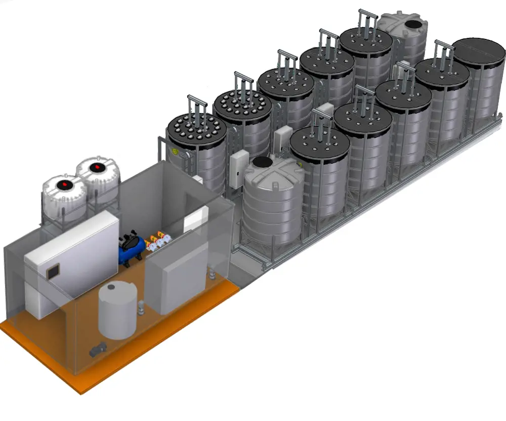 A digital image of an algae treatment plant containing twelve cylindrical containers for the algae to act on wastewater. 