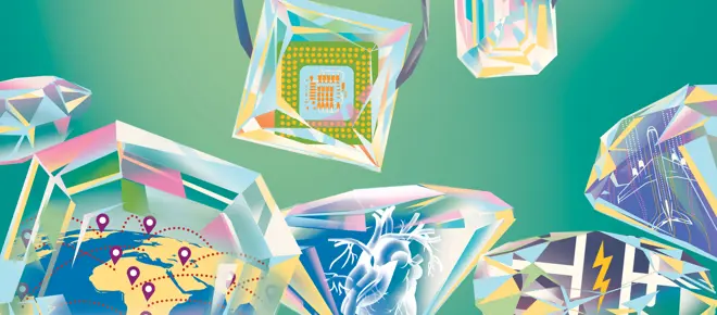 Artist's illustration of several polished and cut diamonds, each containing depictions of potential applications for diamond technology, such as navigation and improving our understanding of the body.
