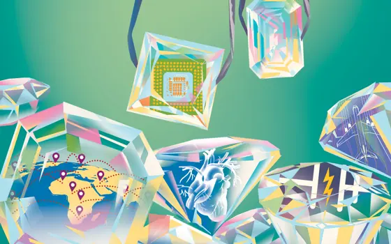 Artist's illustration of several polished and cut diamonds, each containing depictions of potential applications for diamond technology, such as navigation and improving our understanding of the body.