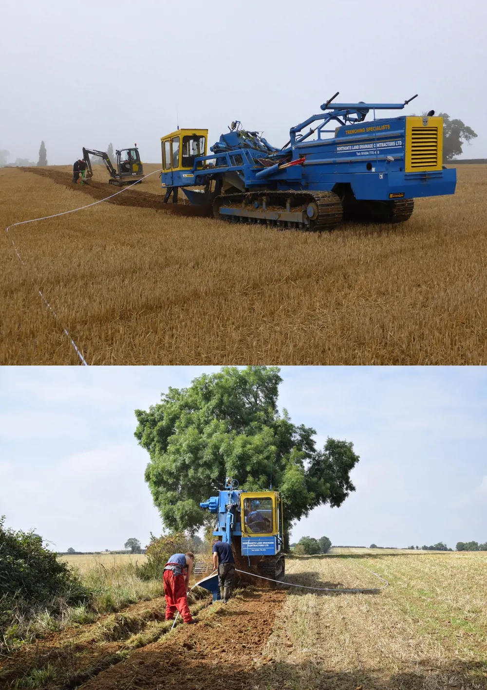 A tractor in a field of crops (top). Volunteers and a digger installing a fibre-optic cable in a field in Abthorpe (bottom).