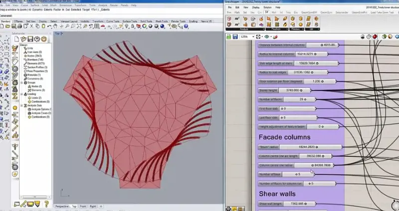 A screenshot of parametric modelling of the PwC tower, with the tower design in shades of red on the right hand side of the screen and different sliders on the left side of the screen to change parameters related to things such as facade columns and shear walls. 