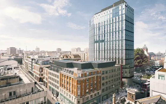 A high-angle view of White Collar Factory by Old Street Yard.