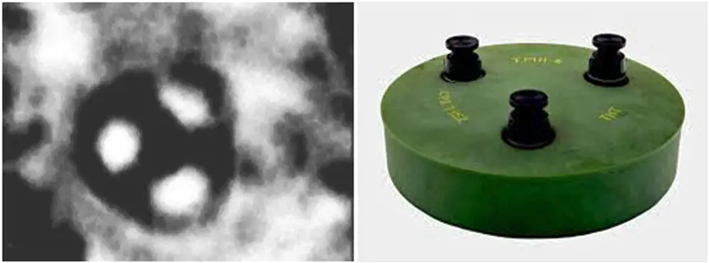 A greyscale image of a buried landmine, which is a dark circle with three bright spots inside (left). A TMA-4 AT landmine, which is a rounded cylinder with three raised pressure plates (right). 
