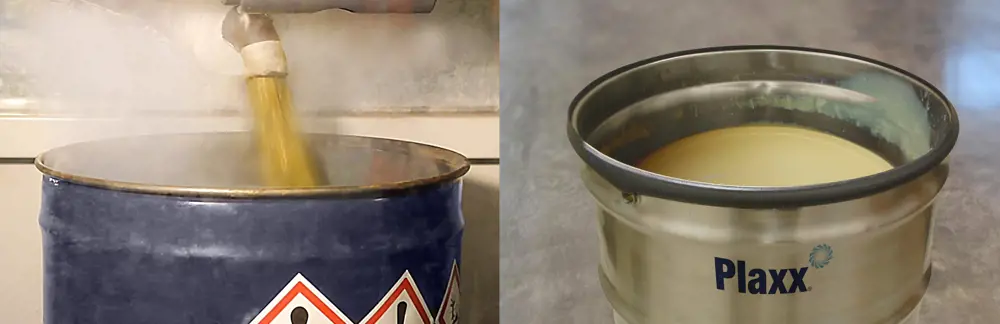 The oil fraction of the chemically recycled plastic entering a container (left). The wax fraction of the chemically recycled plastic in a container (right).
