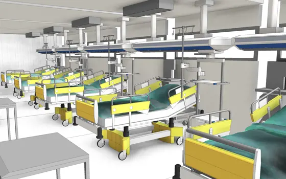 A digital rendering of the design for intensive care unit wards, with five beds spaced apart from each other. 